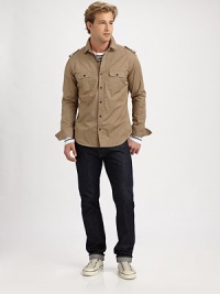 A casual classic with a new, trim fit, authentic to the last detail.Point collarEpaulettesButton-flap chest pocketsLong sleevesInverted back pleatShirttail hemCottonMachine washMade in USA A casual classic with a new, trim fit, authentic to the last detail.Point collarEpaulettesButton-flap chest pocketsLong sleevesInverted back pleatShirttail hemCottonMachine washMade in USA