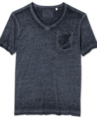 Relax. This distressed v-neck t-shirt from Guess gives your style a laid-back look for a breezy fall day. Relax. This distressed v-neck t-shirt from Guess gives your style a laid-back look for a breezy fall day.