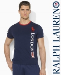 Celebrate the spirit of the 2012 Olympic Games with this patriotic ringer T-shirt accented with red, white and blue graphics. Celebrate the spirit of the 2012 Olympic Games with this patriotic ringer T-shirt accented with red, white and blue graphics.