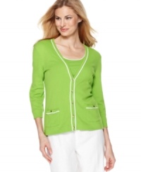 The spring-ready cardigan gets a tailored touch with piping and goldtone buttons, from Jones New York Signature. The spring-ready cardigan gets a tailored touch with piping and goldtone buttons, from Jones New York Signature.