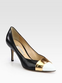 Lustrous metallic trim brightens this sleek leather pump with a patent cap toe. Leather-covered heel, 3 (75mm)Leather upper with patent cap toe and metallic leather trimPoint toeLeather lining and solePadded insoleMade in Italy Lustrous metallic trim brightens this sleek leather pump with a patent cap toe. Leather-covered heel, 3 (75mm)Leather upper with patent cap toe and metallic leather trimPoint toeLeather lining and solePadded insoleMade in Italy