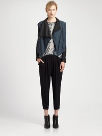 Standout style of timeless jacquard, updated by an oversized collar, contrasting leather trim and an asymmetrical front hem. Oversized collarLong sleeves with zippered cuffsAsymmetrical front hemBack ventAbout 22 from shoulder to hemBody: 80% virgin wool/20% nylonTrim: LeatherDry clean with leather specialistMade in USA of Italian fabricModel shown is 5'11 (178cm) wearing US size 4. Standout style of timeless jacquard, updated by an oversized collar, contrasting leather trim and an asymmetrical front hem. Oversized collarLong sleeves with zippered cuffsAsymmetrical front hemBack ventAbout 22 from shoulder to hemBody: 80% virgin wool/20% nylonTrim: LeatherDry clean with leather specialistMade in USA of Italian fabricModel shown is 5'11 (178cm) wearing US size 4.