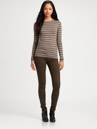 Striped crewneck classic has allover ribbing, long sleeves and a touch of cashmere. CrewneckLong sleeves40% rayon/30% nylon/25% polyester/5% cashmereDry cleanMade in USA of imported fabricModel shown is 5'10 (177cm) wearing US size Small. Striped crewneck classic has allover ribbing, long sleeves and a touch of cashmere. CrewneckLong sleeves40% rayon/30% nylon/25% polyester/5% cashmereDry cleanMade in USA of imported fabricModel shown is 5'10 (177cm) wearing US size Small.