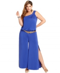 Flaunt a flash of skin with Baby Phat's plus size jumpsuit, featuring a slit wide leg design! Flaunt a flash of skin with Baby Phat's plus size jumpsuit, featuring a slit wide leg design!