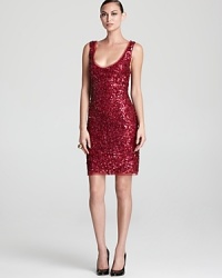 Shimmering sequins in a rich merlot hue lend a festive look to Aidan Mattox's simple scoop neck sheath. Shimmering sequins in a rich merlot hue lend a festive look to Aidan Mattox's simple scoop neck sheath.