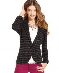 Elevate your day outfit with American Rag's metallic-stripe blazer -- a layer with luxe appeal! Elevate your day outfit with American Rag's metallic-stripe blazer -- a layer with luxe appeal!