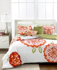 A beautiful garden of bright orange flowers bloom on a crisp white ground in this Amelie duvet cover set for a vibrant addition to your space. Comes complete with shams and two decorative pillows featuring coordinating florals and plush ruched texture. A beautiful garden of bright orange flowers bloom on a crisp white ground in this Amelie duvet cover set for a vibrant addition to your space. Comes complete with shams and two decorative pillows featuring coordinating florals and plush ruched texture.