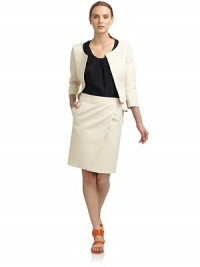 THE LOOKFront hook-and-eye closureThree-quarter length sleevesTailored seamsTHE FITAbout 17 from shoulder to hemTHE MATERIAL88% cotton/12% silkCARE & ORIGINDry cleanMade in ItalyModel shown is 5'10 (177cm) wearing US size 4. THE LOOKFront hook-and-eye closureThree-quarter length sleevesTailored seamsTHE FITAbout 17 from shoulder to hemTHE MATERIAL88% cotton/12% silkCARE & ORIGINDry cleanMade in ItalyModel shown is 5'10 (177cm) wearing US size 4.
