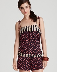 Ondademar's drawstring romper is destined to be spotted. Ideal post plunge, this printed playsuit hints at graphic chic. Ondademar's drawstring romper is destined to be spotted. Ideal post plunge, this printed playsuit hints at graphic chic.