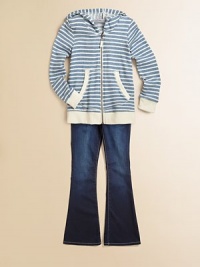 Heathery stripes on soft, looped French terry, refreshed with solid trim and warmed by a cozy hood.Attached hoodLong sleeves with solid ribbed cuffsZip frontSplit kangaroo pocketsSolid ribbed hem75% cotton/25% rayonMachine washImported Heathery stripes on soft, looped French terry, refreshed with solid trim and warmed by a cozy hood.Attached hoodLong sleeves with solid ribbed cuffsZip frontSplit kangaroo pocketsSolid ribbed hem75% cotton/25% rayonMachine washImported