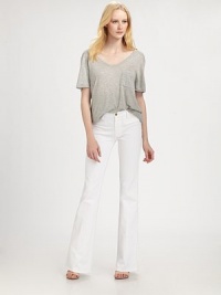 Popular mid-rise flare-leg style that accentuates the hips and gives the appearance of an elongated leg.THE FITFitted through hips and thighsFlared legRise, about 9½Inseam, about 36THE DETAILSZip flyJet front pocketsBack patch pockets72% cotton/28% elastene; machine washImported Popular mid-rise flare-leg style that accentuates the hips and gives the appearance of an elongated leg.THE FITFitted through hips and thighsFlared legRise, about 9½Inseam, about 36THE DETAILSZip flyJet front pocketsBack patch pockets72% cotton/28% elastene; machine washImported