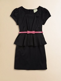 A polka dot belt adds a splash of color and charm to this puff sleeved, peplum dress for your little girl.ScoopneckShort puffed sleevesBack zipperBelted waistbandWide peplum detailPolyester/Rayon/SpandexDry cleanMade in the USA of imported fabric A polka dot belt adds a splash of color and charm to this puff sleeved, peplum dress for your little girl.ScoopneckShort puffed sleevesBack zipperBelted waistbandWide peplum detailPolyester/Rayon/SpandexDry cleanMade in the USA of imported fabric