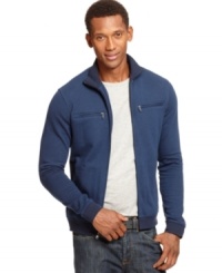 Dress up your casual style with stripes and a slim-fit in this mock-neck jacket from Alfani Red. Dress up your casual style with stripes and a slim-fit in this mock-neck jacket from Alfani Red.
