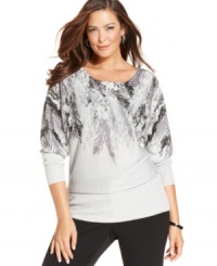 Let your style soar this season with Alfani's plus size sweater, featuring a feather-print. Let your style soar this season with Alfani's plus size sweater, featuring a feather-print.