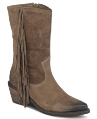 Slip on the western-inspired Carlos by Carlos Santana booties for a rugged look. Loads of fringe detail along the outside shaft is an added bonus. Slip on the western-inspired Carlos by Carlos Santana booties for a rugged look. Loads of fringe detail along the outside shaft is an added bonus.