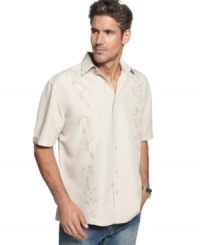 Climb to the top of casual style in this fun shirt with embroidered palm trees from Cubavera. Climb to the top of casual style in this fun shirt with embroidered palm trees from Cubavera.