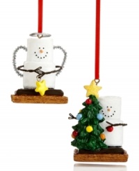 Simply irresistible, S'mores ornaments from Midwest have all the makings of a sweet holiday season. Featuring a marshmallow angel with tinsel wings and another setting up the tree on chocolate and graham cracker. Simply irresistible, S'mores ornaments from Midwest have all the makings of a sweet holiday season. Featuring a marshmallow angel with tinsel wings and another setting up the tree on chocolate and graham cracker.