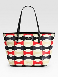 A durable coated canvas style in a fun, geometric print with patent leather trim.Double patent leather shoulder straps, 9 dropOpen topOne inside zip pocketOne inside open pocket11¾W X 10H X 6DImported A durable coated canvas style in a fun, geometric print with patent leather trim.Double patent leather shoulder straps, 9 dropOpen topOne inside zip pocketOne inside open pocket11¾W X 10H X 6DImported