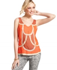 Fashion meets art on this top from XOXO, where wooden beads accent a vibrant, two-tone panel design! Fashion meets art on this top from XOXO, where wooden beads accent a vibrant, two-tone panel design!