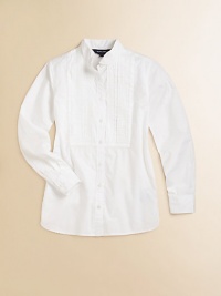 Cool tuxedo styling defines our versatile shirt in crisp cotton broadcloth with a pintucked bib and tailored details.Stand collarLong sleeves with button barrel cuffsButton-frontPintucked bibShirttail hemCottonMachine washImportedBow tie shown not sold Please note: Number of buttons may vary depending on size ordered. Cool tuxedo styling defines our versatile shirt in crisp cotton broadcloth with a pintucked bib and tailored details.Stand collarLong sleeves with button barrel cuffsButton-frontPintucked bibShirttail hemCottonMachine washImportedBow tie shown not sold Please note: Number of buttons may vary depending on size ordered.