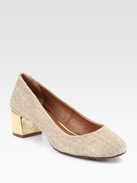 A sleek lacquered heel adds textural appeal to this natural burlap pump with a rounded toe. Lacquered heel, 1¾ (45mm)Burlap upperLeather lining and solePadded insoleImported