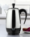 A more elegant alternative to standard coffee makers, this stainless steel percolator from Farberware has a sleek, pitcher shape. At a brewing rate of one cup per minute, this coffee pot sacrifices nothing in terms of speed for beauty. And once it has finished brewing, it will automatically switch to a safe keep warm temperature. Makes 2-8 cups. Comes with One-year limited warranty. Model #FCP280.