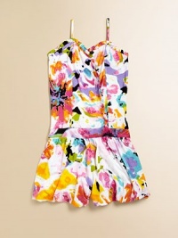 A bright watercolor print lends an artsy touch to this ruffled one-piece that's ready for fun in the sun.Ruffled v-neckSpaghetti strapsPull-on style with smocked backSlightly gathered waistAttached shortsRayonHand washImported A bright watercolor print lends an artsy touch to this ruffled one-piece that's ready for fun in the sun.Ruffled v-neckSpaghetti strapsPull-on style with smocked backSlightly gathered waistAttached shortsRayonHand washImported