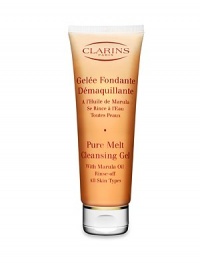 A true cleansing sensation! Clarins' triple-texture cleansing gel transforms into an oil that melts away every last trace of excess oil and impurities including the heaviest makeup. Water activates into a silky milk that rinses skin clean. It soothes and nourishes with Marula Oil for optimal radiance and comfort. Made in France. 4.2 oz. 