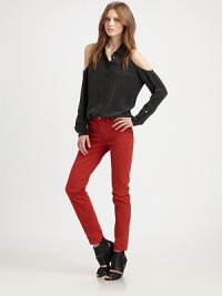 Peek-a-boo shoulders give this soft silk style its edge.Point collar Cutout shoulders Concealed button front Long sleeves with button cuffs Shirttail hem About 26 from shoulder to hem Silk Dry clean Imported Peek-a-boo shoulders give this soft silk style its edge.Point collar Cutout shoulders Concealed button front Long sleeves with button cuffs Shirttail hem About 26 from shoulder to hem Silk Dry clean Imported