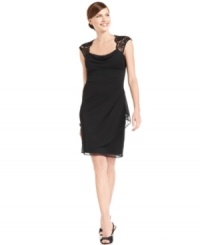 Sheer lace insets at the shoulders and a gorgeous gathered ruffle at the hip are romantic finishing touches on Xscape's cocktail dress. Easy to pair with your favorite slingback heels! Sheer lace insets at the shoulders and a gorgeous gathered ruffle at the hip are romantic finishing touches on Xscape's cocktail dress. Easy to pair with your favorite slingback heels!