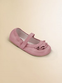 Lovable leather style with patent leather ruffles to perfect the look.Round toe Grip-tape closure Leather lining Padded insole Leather & rubber sole Imported Lovable leather style with patent leather ruffles to perfect the look.Round toe Grip-tape closure Leather lining Padded insole Leather & rubber sole Imported