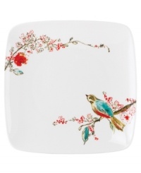 Make any meal sing with the Chirp accented square plates from Lenox dinnerware. The dishes feature splashes of bright watercolor-inspired birds and florals that adorn the white bone china in a fresh, modern shape. Ultra durable for daily use, this collection moves flawlessly from oven to table. Make any meal sing with the Chirp accented square plates from Lenox dinnerware. The dishes feature splashes of bright watercolor-inspired birds and florals that adorn the white bone china in a fresh, modern shape. Ultra durable for daily use, this collection moves flawlessly from oven to table.