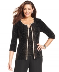 Alex Evenings' plus size jacket and shell guarantee you'll shine with metallic trim and glittery detail throughout. Alex Evenings' plus size jacket and shell guarantee you'll shine with metallic trim and glittery detail throughout.