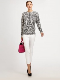 Wonderfully soft cashmere, patterned with an exotic, zebra-striped print.Rib-knit crewneck, cuffs, and hemLong sleevesCashmereDry cleanImported of Italian fabricModel shown is 5'11 (180cm) wearing US size Small. Wonderfully soft cashmere, patterned with an exotic, zebra-striped print.Rib-knit crewneck, cuffs, and hemLong sleevesCashmereDry cleanImported of Italian fabricModel shown is 5'11 (180cm) wearing US size Small.