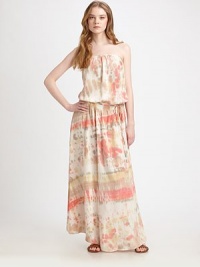 A vision of boho-chic in sumptuous tie-dyed silk, crafted in a strapless shift shaped by soft shirring at the bodice.StraplessElastic topBlouson bodiceWraparound drawstring waistAbout 41 from natural waistSilkDry cleanMade in USA of imported fabricModel shown is 5'10 (177cm) wearing US size Small. A vision of boho-chic in sumptuous tie-dyed silk, crafted in a strapless shift shaped by soft shirring at the bodice.StraplessElastic topBlouson bodiceWraparound drawstring waistAbout 41 from natural waistSilkDry cleanMade in USA of imported fabricModel shown is 5'10 (177cm) wearing US size Small.