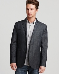 Innovation at its finest - a sport coat that converts effortlessly to a military jacket with the simple fold of the lapel and collar. Designed with 4 besom pockets for a sleek front, John Varvatos USA doubles down on coolness and achieves a supremely fresh, utterly versatile look for the season. Innovation at its finest - a sport coat that converts effortlessly to a military jacket with the simple fold of the lapel and collar. Designed with 4 besom pockets for a sleek front, John Varvatos USA doubles down on coolness and achieves a supremely fresh, utterly versatile look for the season.