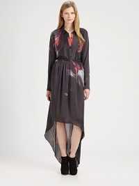 Inspired by a fiery vapor, this printed silk-like blouse has a single front patch pocket and modern asymmetrical hem. Point collarButton frontLong sleevesSingle front patch pocketAsymmetrical cropped back hemPolyesterDry cleanImportedModel shown is 5'10 (177cm) wearing US size 4. Inspired by a fiery vapor, this printed silk-like blouse has a single front patch pocket and modern asymmetrical hem. Point collarButton frontLong sleevesSingle front patch pocketAsymmetrical cropped back hemPolyesterDry cleanImportedModel shown is 5'10 (177cm) wearing US size 4.