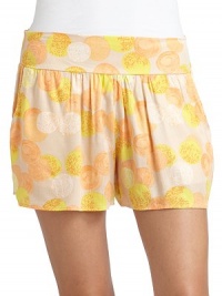 THE LOOKAllover circle printWide banded waist with gathered detailsSide pocketsBack elastic smocked waistTHE FITRise, about 10¼Inseam, about 3¾THE MATERIALCottonCARE & ORIGINDry cleanMade in USAModel shown is 5'10½ (179cm) wearing US size Small. THE LOOKAllover circle printWide banded waist with gathered detailsSide pocketsBack elastic smocked waistTHE FITRise, about 10¼Inseam, about 3¾THE MATERIALCottonCARE & ORIGINDry cleanMade in USAModel shown is 5'10½ (179cm) wearing US size Small.