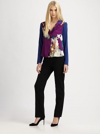 Watercolor-inspired hues and a hint of on-trend colorblocking create a brilliant stretch-silk design.Collar neckLong sleevesConcealed button frontFloral-print on frontSolid backAbout 21 from shoulder to hem93% silk/7% elastaneDry cleanImported of Italian fabric Model shown is 5'10 (177cm) wearing US size Small. Watercolor-inspired hues and a hint of on-trend colorblocking create a brilliant stretch-silk design.Collar neckLong sleevesConcealed button frontFloral-print on frontSolid backAbout 21 from shoulder to hem93% silk/7% elastaneDry cleanImported of Italian fabric Model shown is 5'10 (177cm) wearing US size Small.