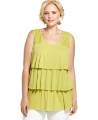 Leave them wanting more in Style&co.'s sleeveless plus size top, featuring a tiered front and crocheted back. Leave them wanting more in Style&co.'s sleeveless plus size top, featuring a tiered front and crocheted back.