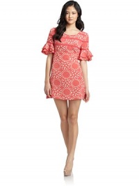 THE LOOKAllover contrasting geometric floral printElbow length sleeves with tiered ruffle cuffsPullover styleTHE FITAbout 38 from shoulder to hemTHE MATERIALPolyesterCARE & ORIGINHand washImportedModel shown is 5'10 (177cm) wearing US size 4. THE LOOKAllover contrasting geometric floral printElbow length sleeves with tiered ruffle cuffsPullover styleTHE FITAbout 38 from shoulder to hemTHE MATERIALPolyesterCARE & ORIGINHand washImportedModel shown is 5'10 (177cm) wearing US size 4.