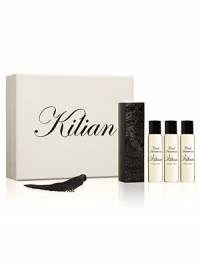 A fragrance inspired by the warm, enfolding balsamic notes of Oud, a legendary wood said to be worth more than its weight in gold. A travel spray for men and women. A magnetic object, literally. A monolith engraved with the Achilles' shield, signature of L'Oeuvre noire collection. As always, the travel spray is refillable, to travel with your favorite Kilian fragrance. Set of four 0.25 oz. sprays. A fragrance inspired by the warm, enfolding balsamic notes of Oud, a legendary wood said to be worth more than its weight in gold. A travel spray for men and women. A magnetic object, literally. A monolith engraved with the Achilles' shield, signature of L'Oeuvre noire collection. As always, the travel spray is refillable, to travel with your favorite Kilian fragrance. Set of four 0.25 oz. sprays.
