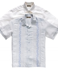 Stock up on your getaway essentials with this breezy short-sleeved panel shirt from Cubavera. Stock up on your getaway essentials with this breezy short-sleeved panel shirt from Cubavera.