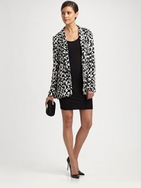 Abstract pattern modernizes this lengthy, timelessly tailored blazer of pure woven silk. Shawl collarLong sleevesFront flap pocketsBack ventAbout 28 from shoulder to hemWoven silkDry cleanImportedModel shown is 5'9 (175cm) wearing US size 2. Abstract pattern modernizes this lengthy, timelessly tailored blazer of pure woven silk. Shawl collarLong sleevesFront flap pocketsBack ventAbout 28 from shoulder to hemWoven silkDry cleanImportedModel shown is 5'9 (175cm) wearing US size 2.