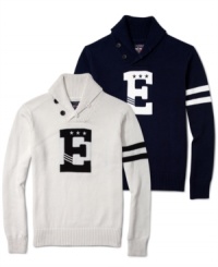Cheer your favorite team with this classic varsity style pullover shawl cardigan by Ecko Unltd. Cheer your favorite team with this classic varsity style pullover shawl cardigan by Ecko Unltd.
