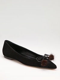An elegant silhouette of rich Italian suede, punctuated by a mink fur pom-pom bow.Heel, ¼ (5mm) Pointed toe Leather lining and sole Padded insole Made in Italy Fur origin: China An elegant silhouette of rich Italian suede, punctuated by a mink fur pom-pom bow.Heel, ¼ (5mm) Pointed toe Leather lining and sole Padded insole Made in Italy Fur origin: China