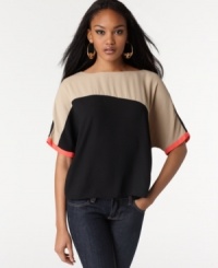 Go graphic in this colorblocked Rachel Rachel Roy boxy blouse -- neon trim adds a pop of pep! Go graphic in this colorblocked Rachel Rachel Roy boxy blouse -- neon trim adds a pop of pep!