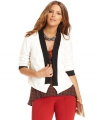 In a graphic black and white, this tuxedo-style Bar III blazer is perfect for adding a menswear appeal to your look! In a graphic black and white, this tuxedo-style Bar III blazer is perfect for adding a menswear appeal to your look!