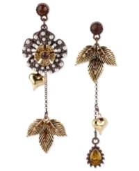 The tropics don't have to be so far away. Betsey Johnson's mismatch flower and leaf drop earrings feature soothing topaz tones with glass pearls and crystals providing luster. Crafted from gold-tone mixed metal. Approximate drop: 3 inches. The tropics don't have to be so far away. Betsey Johnson's mismatch flower and leaf drop earrings feature soothing topaz tones with glass pearls and crystals providing luster. Crafted from gold-tone mixed metal. Approximate drop: 3 inches.