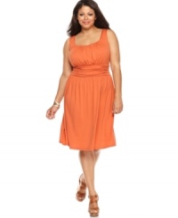 A ruched waist lends a sleek shape to AGB's sleeveless plus size dress-- dress it down for day and up for night! A ruched waist lends a sleek shape to AGB's sleeveless plus size dress-- dress it down for day and up for night!